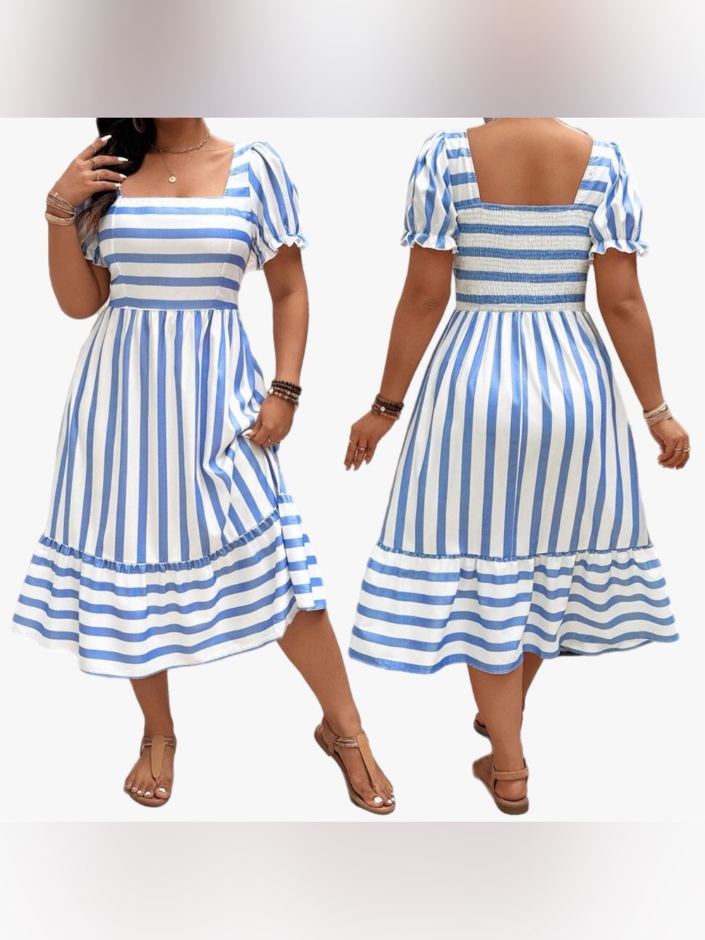 Shein Curve Blue & White Striped Square Neck Puff Sleeve Midi Dress Plus Size 0X - Picture 2 of 8